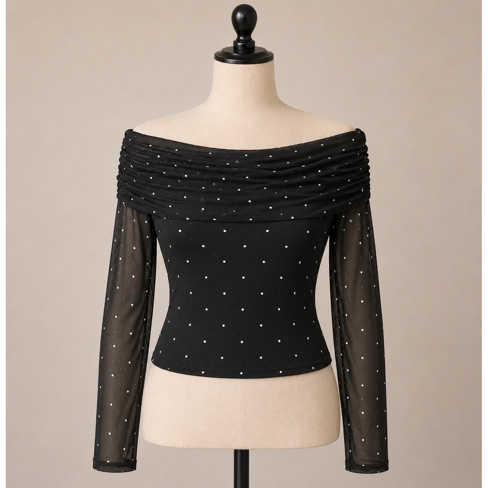 Windsor Top Sm Black Mesh Glitter Dot Off Shoulder Ruched Long Sleeve